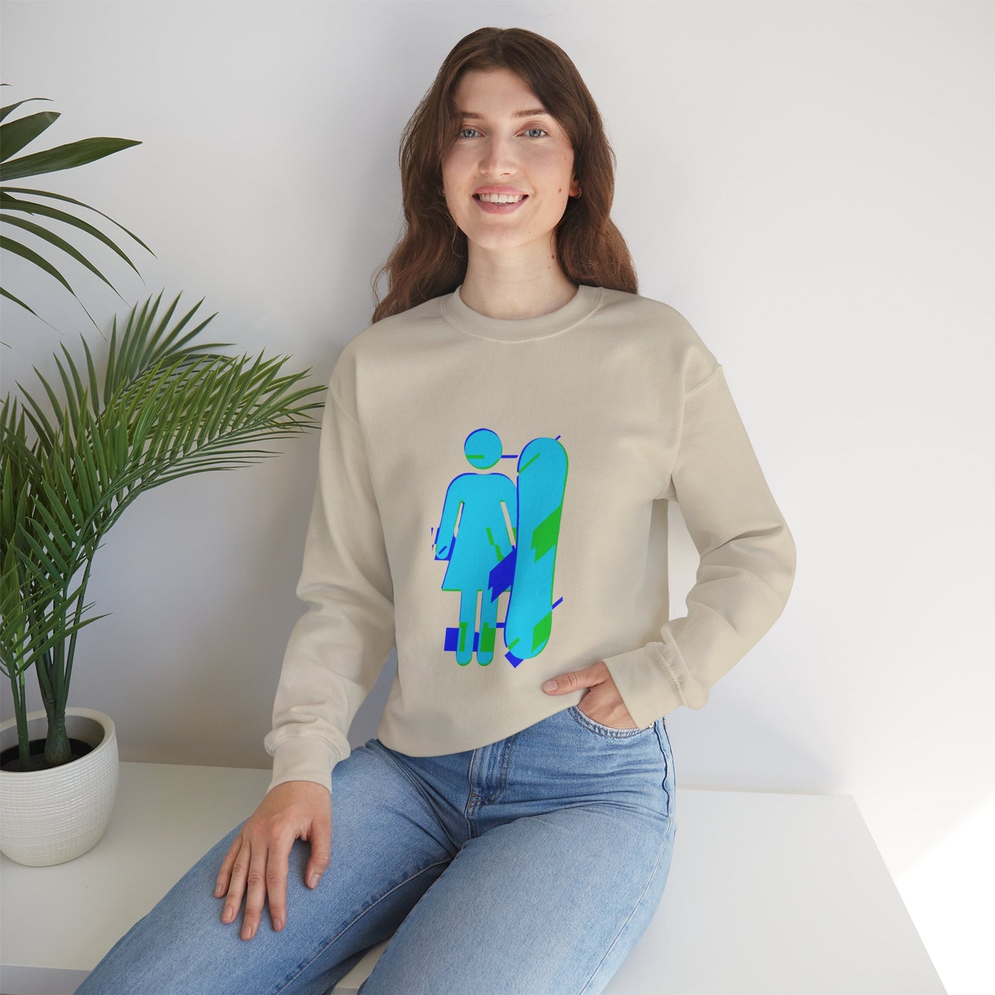 Female Snowboarder Crew Neck Sweatshirt Hoodie - Blue Green