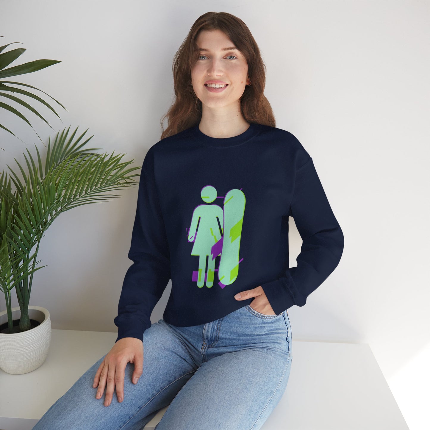 Female Snowboarder Crew Neck Sweatshirt Hoodie - Mint Green and Purple