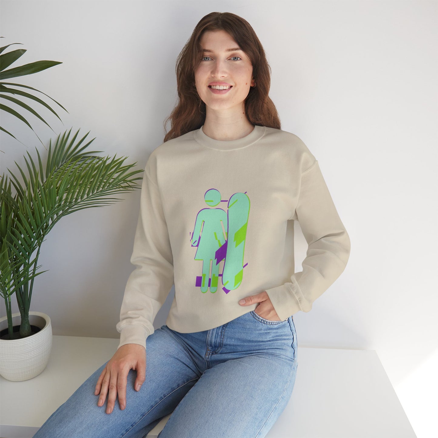 Female Snowboarder Crew Neck Sweatshirt Hoodie - Mint Green and Purple