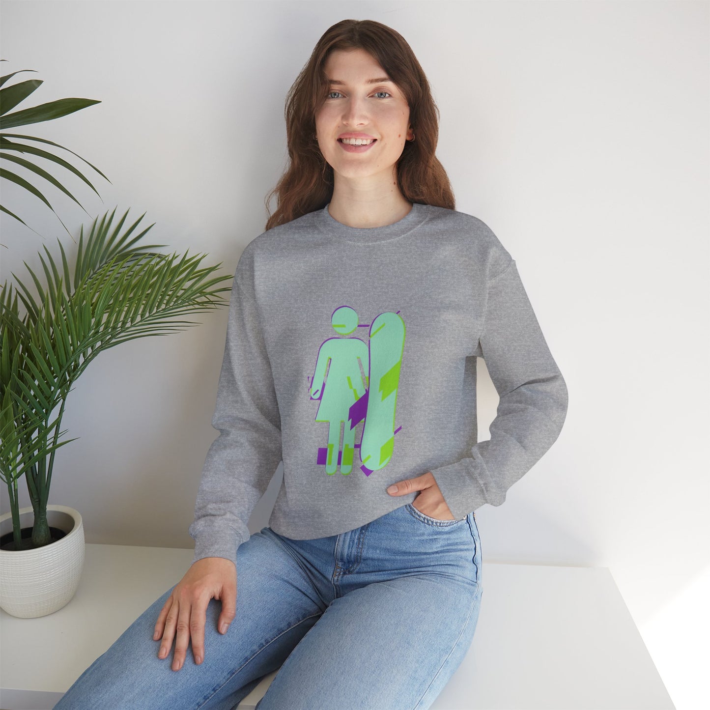 Female Snowboarder Crew Neck Sweatshirt Hoodie - Mint Green and Purple