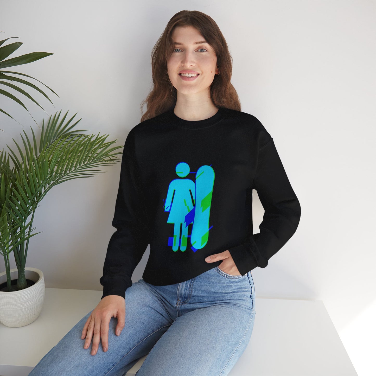 Female Snowboarder Crew Neck Sweatshirt Hoodie - Blue Green