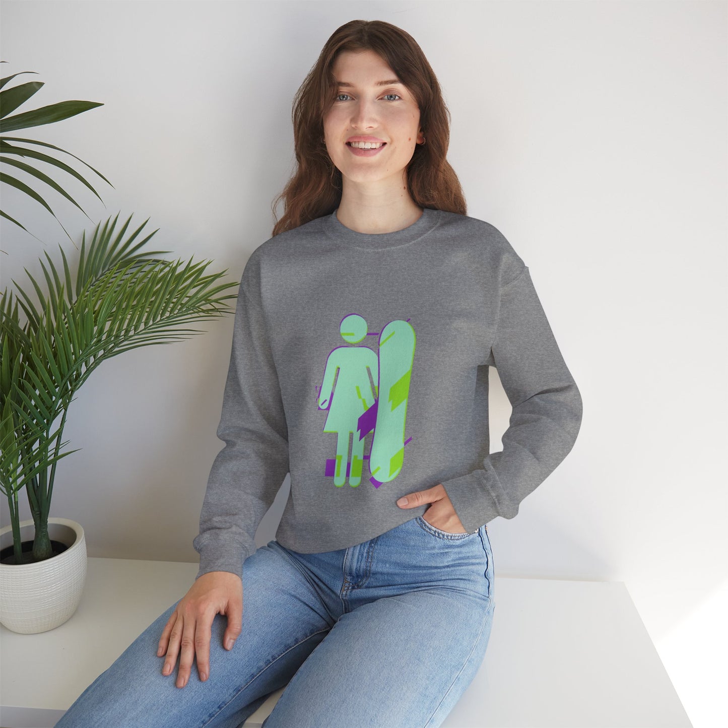 Female Snowboarder Crew Neck Sweatshirt Hoodie - Mint Green and Purple