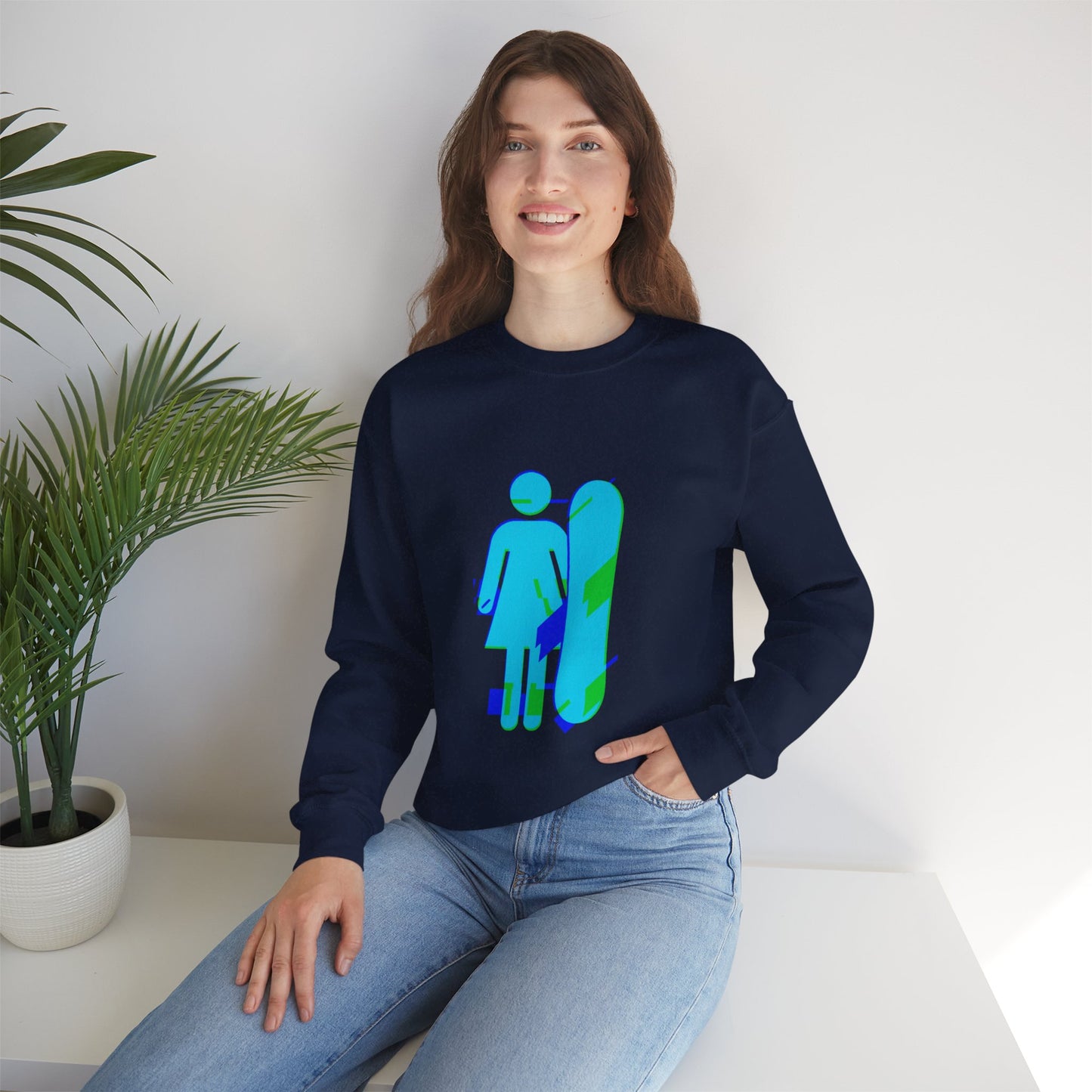 Female Snowboarder Crew Neck Sweatshirt Hoodie - Blue Green