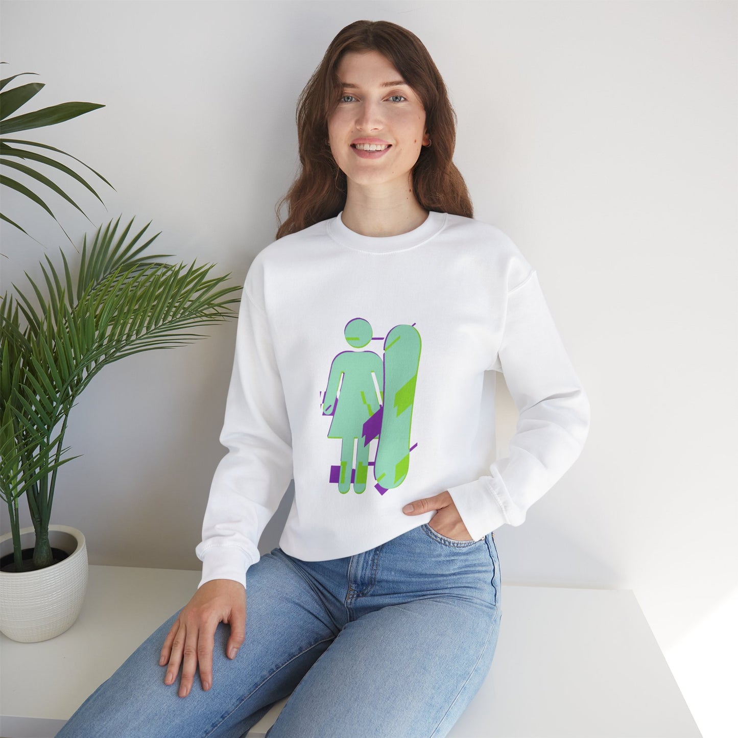 Female Snowboarder Crew Neck Sweatshirt Hoodie - Mint Green and Purple