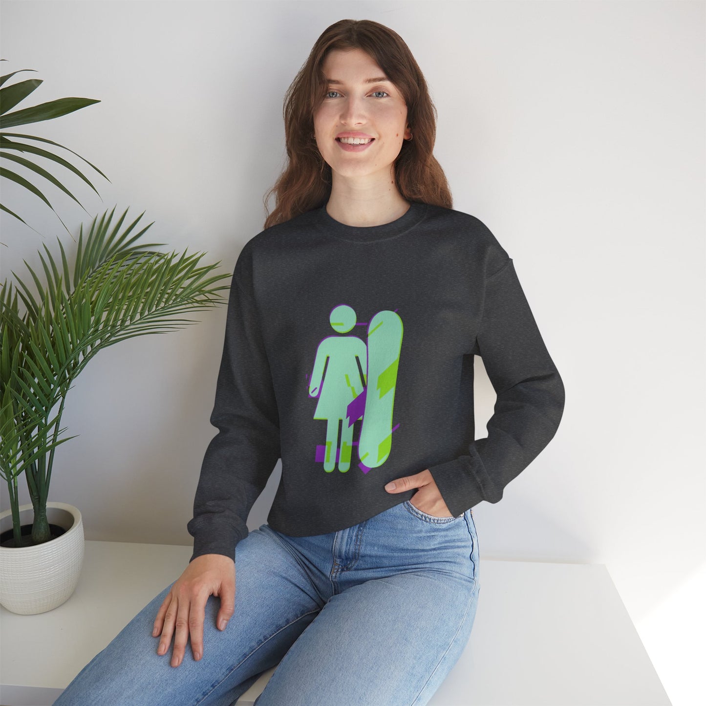 Female Snowboarder Crew Neck Sweatshirt Hoodie - Mint Green and Purple