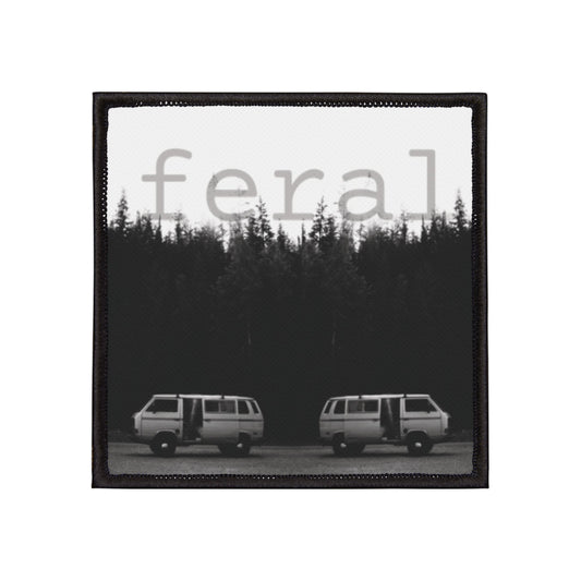 Feral Camper Van Iron-On Patch — Black & White Forest Adventure Patch