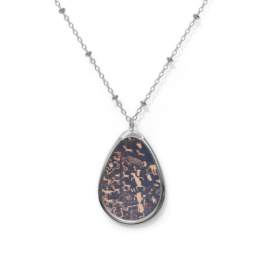 Oval Pendant Necklace — Silver Teardrop with Petroglyph Pattern