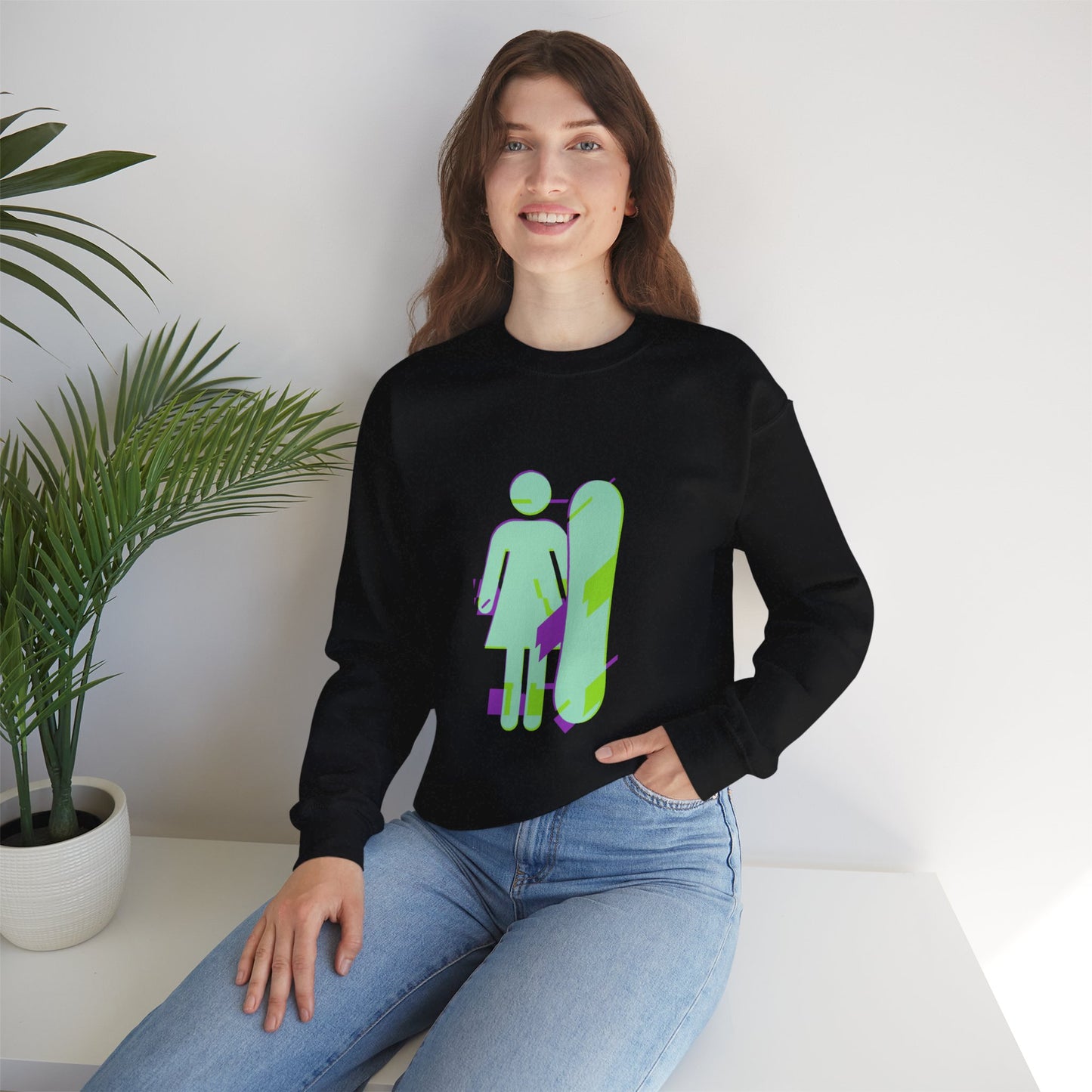 Female Snowboarder Crew Neck Sweatshirt Hoodie - Mint Green and Purple